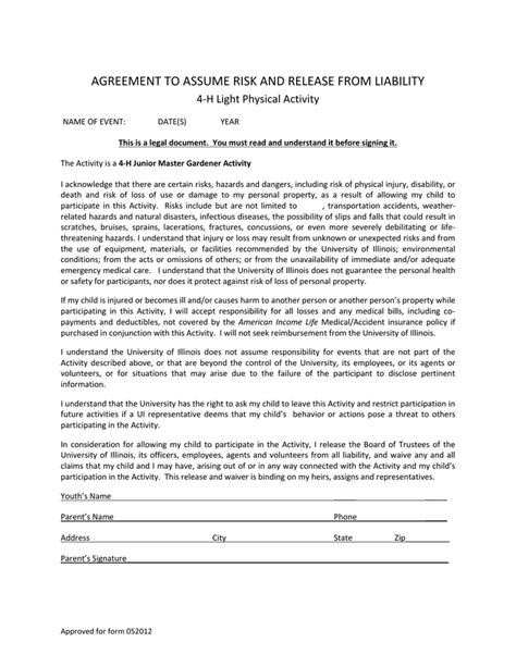 Acknowledgement Of Risk And Release Of Liability Form Junior With Risk